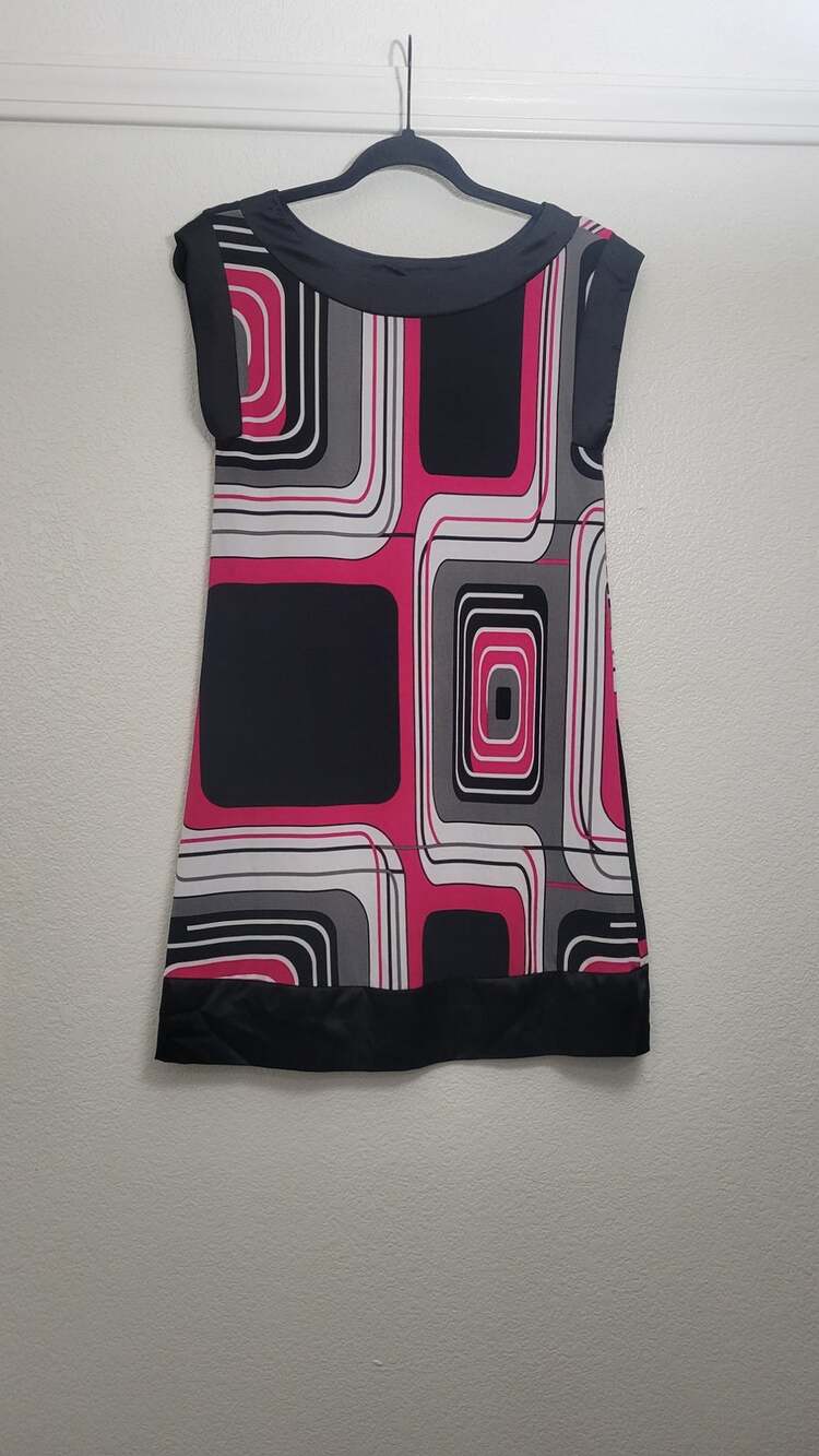 Carina Women's L Retro Mod Geometric Print Mini Dress Pink Black Y2K 60s 70s